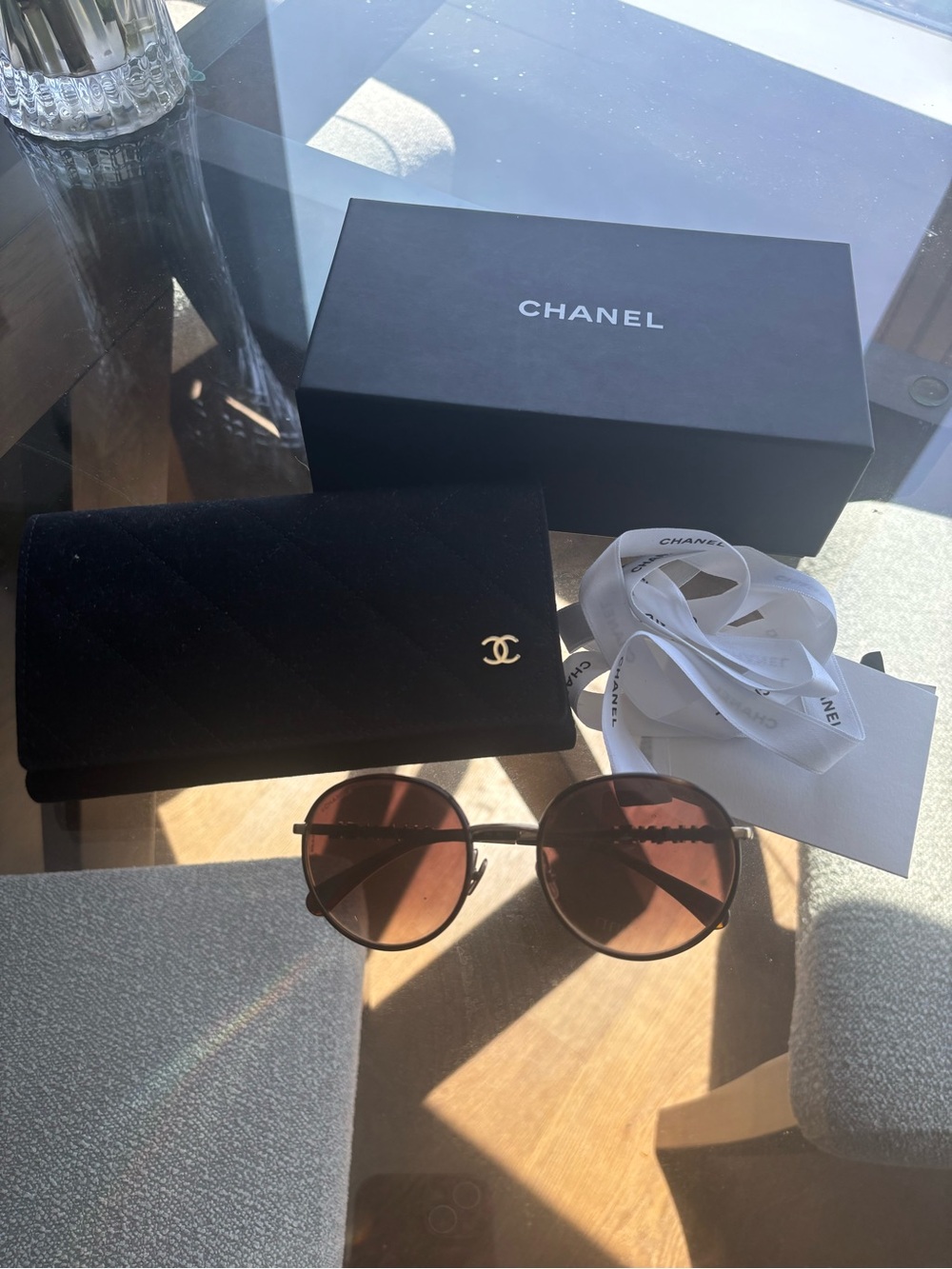 CHANEL Panthos Tortoise Lens Round Sunglasses with case, box, ribbon